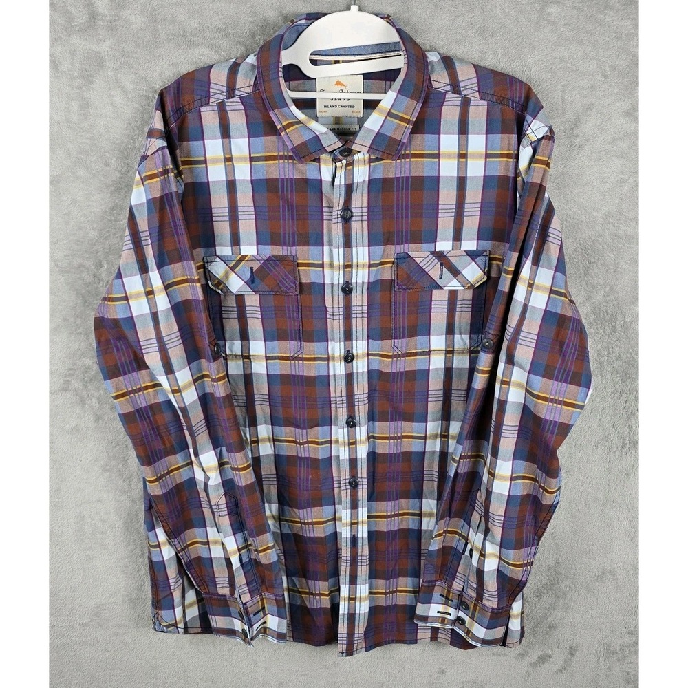 Tommy Bahama Jeans Mens Large Plaid Button‎ Front Shirt Island Modern Fit Purple